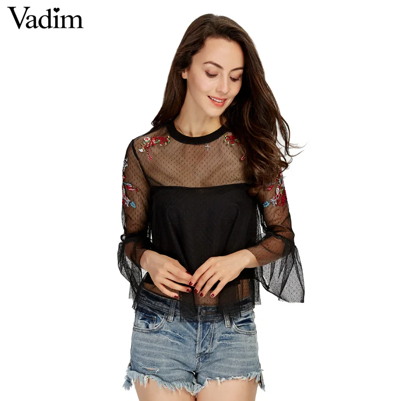 Женская блузка прозрачная с цветочной вышивкой сетчатая подкладкой LT1798 | одежда