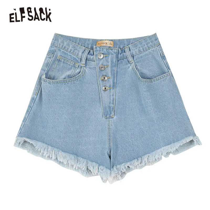 ELFSACK однотонные женские джинсовые шорты с высокой талией, Модные свободные женские шорты, новые летние хлопковые повседневные ковбойские шорты для женщин