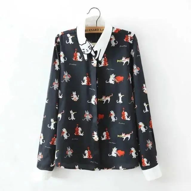 

New Women Blouse Cat Print Chiffon Shirt Preppy Style White Collar Patchwork Spliced Long Sleeve Cute Tops Spring Autumn T8D292