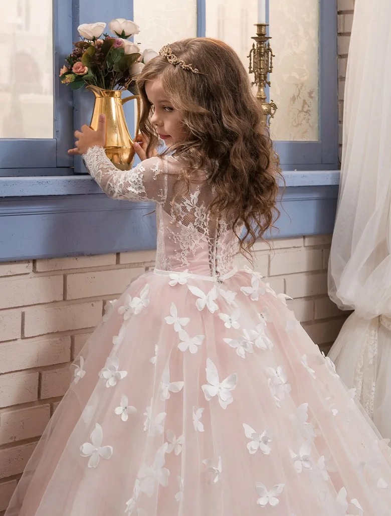 Детское вечернее платье с длинным рукавом розовое Сетчатое бальное бабочкой для