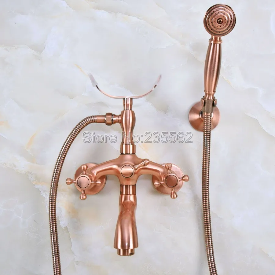 

Wall Mounted Antique Red Copper Brass Bathroom Clawfoot Tub Faucet telephone style Bath Shower Water Mixer tap with Handshower