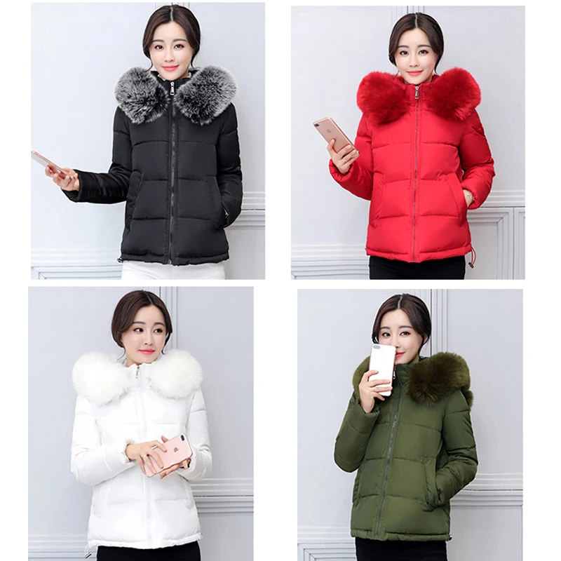 2019 Женское зимнее короткое пальто с капюшоном меховым воротником теплая Куртка