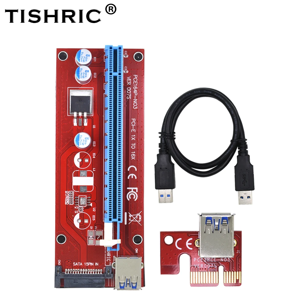 TISHRIC VER007S PCI Express PCIE E Riser Card 007S 1x к 16x удлинитель USB 3 0 кабель 15Pin SATA для BTC ETH майнинга|1x