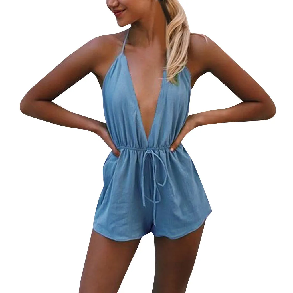 Women Summer Fashion Floral Chiffon Printed Sleeveless Sexy Sling Deep V-Neck Bobo Bow Knot Beach Jumpsuit Playsuit 50 | Женская одежда