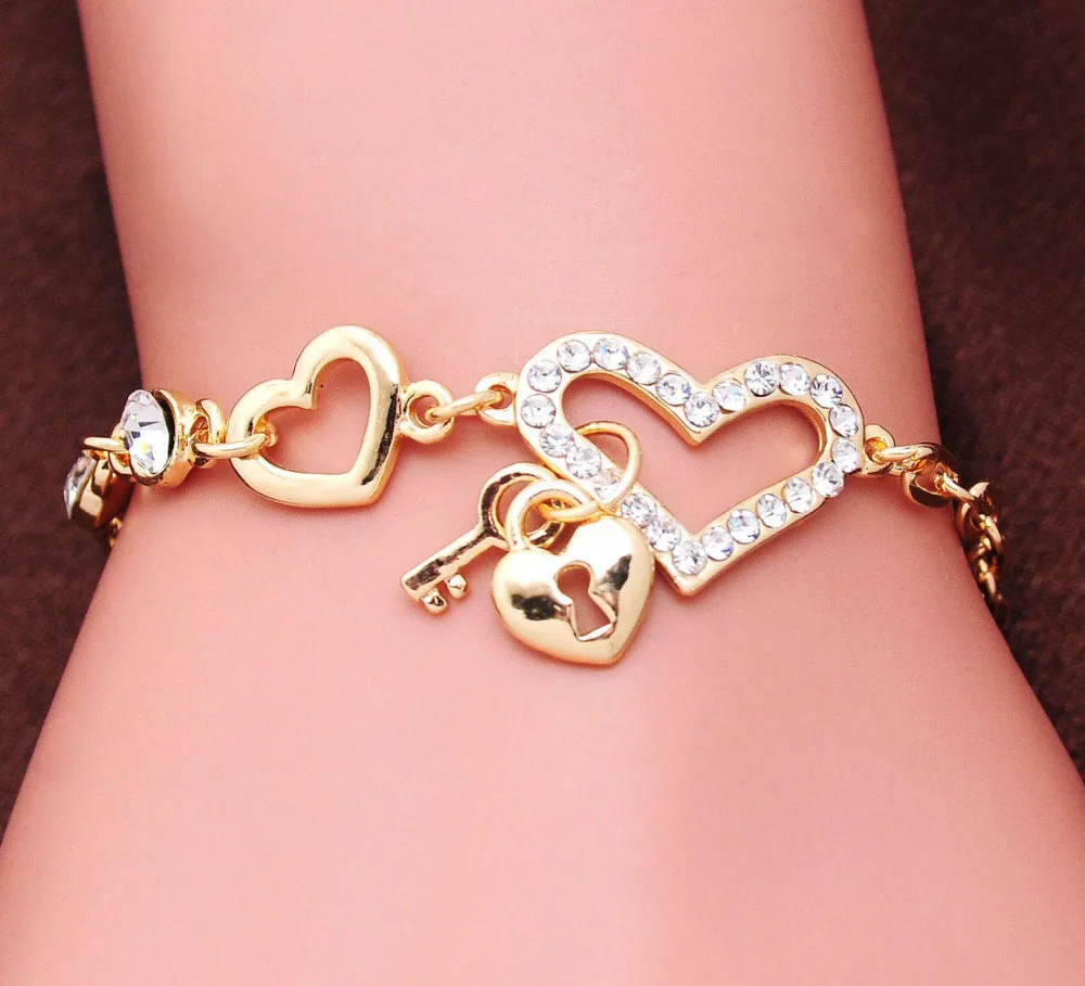Романтические женские браслеты-подвески золотого цвета с замком и ключом