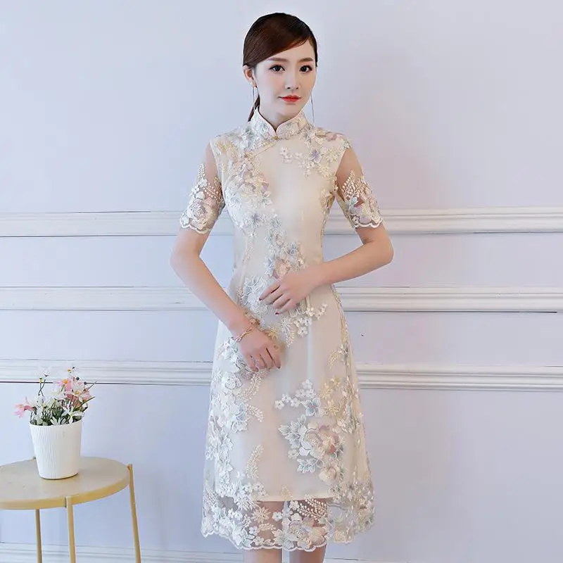 Классическое шампанское Cheongsam цветок кружева Qipao винтажное улучшенное свадебное платье невесты элегантное сценическое шоу Платья повседневные Vestidos - Цвет: Champagne Style 11