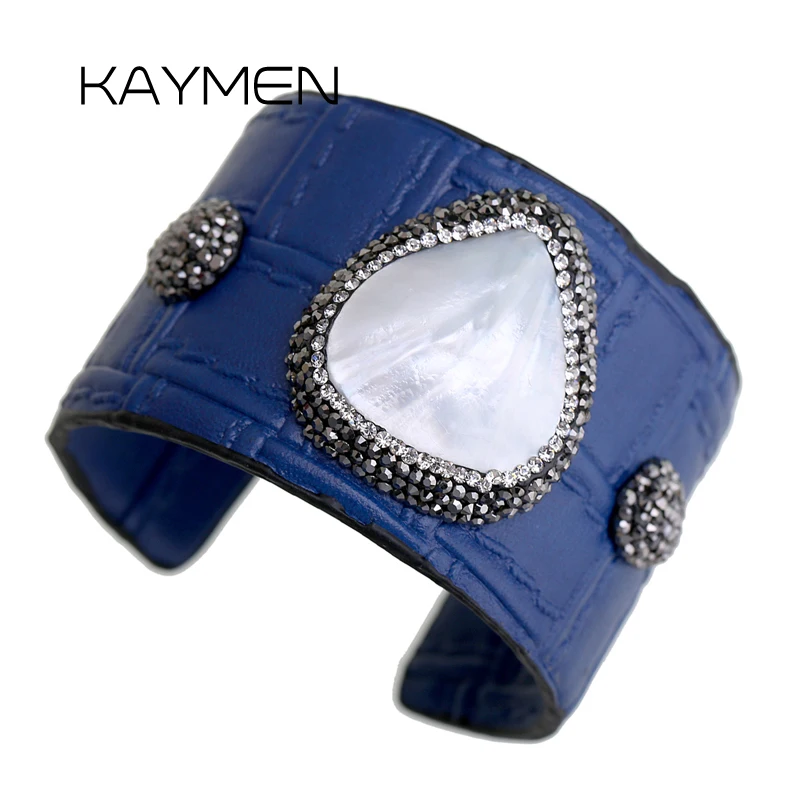 

Kaymen Jewelry Imitation Leather Bangle Inlaid Rhinestones and Shell Cuff Bangle for Women Girls Wedding Party Statement Bangle