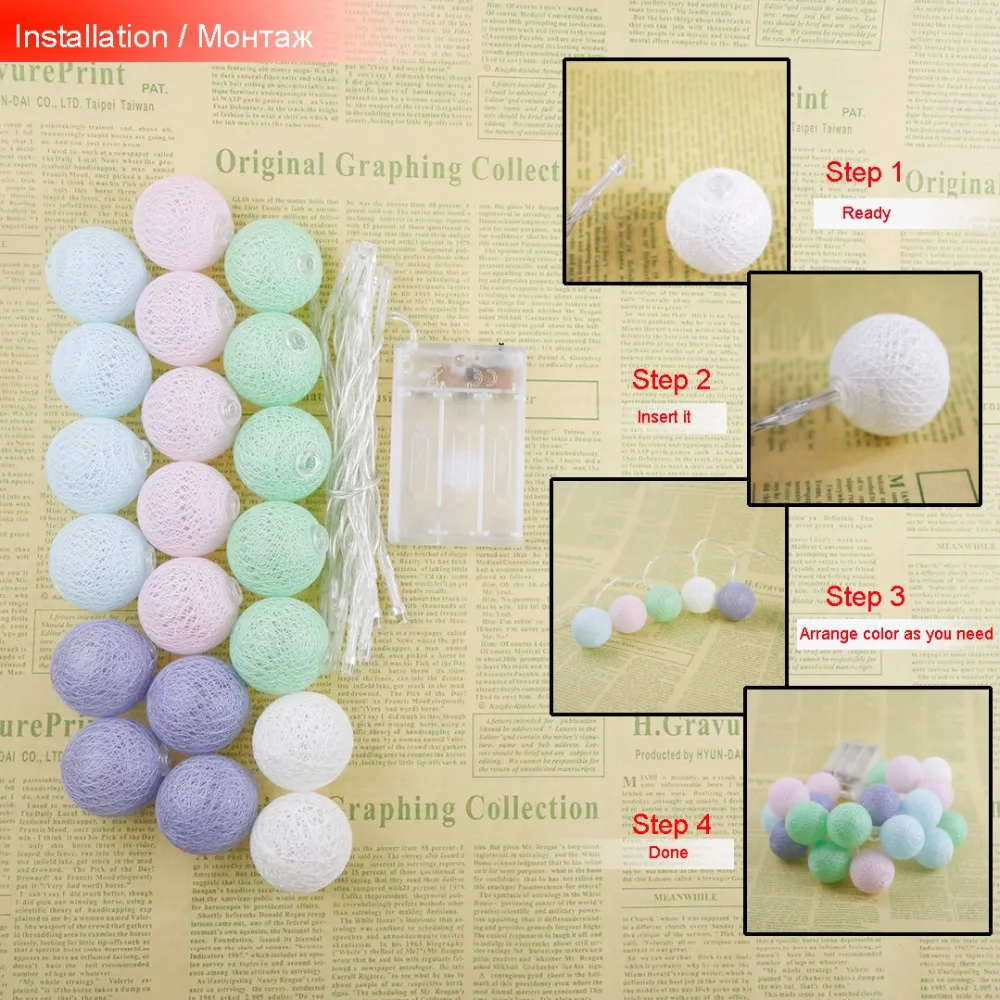 Светодиодный светильник Macaron, 20 светодиодов, праздничный светильник s 3,5 см, хлопковый шар, 2,2 метров, гирлянда, рождественское свадебное украшение, теплый белый IQ