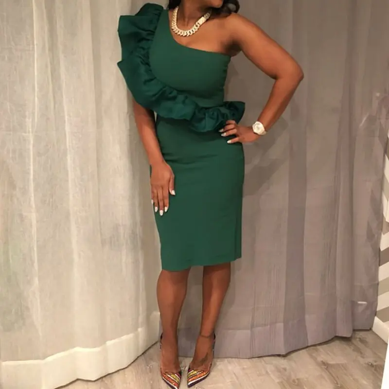 Сексуальное облегающее зеленое платье женское на одно плечо с открытой спиной и