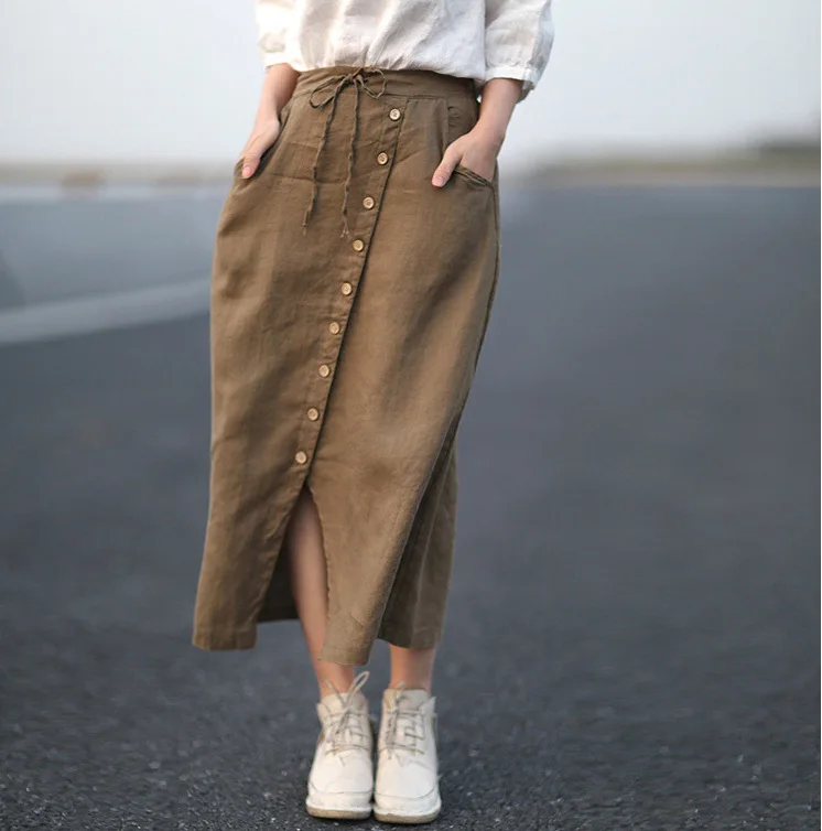 2019 летняя хлопчатобумажная льняная юбка Женская эластичная талия сплошной цвет