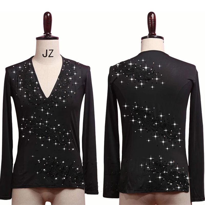 Latin Dance Shirts Men Long Sleeve V Neck Tops Embroidered Shiny Rhinestones Dancing Male Competition Show Wear DN3532 | Тематическая