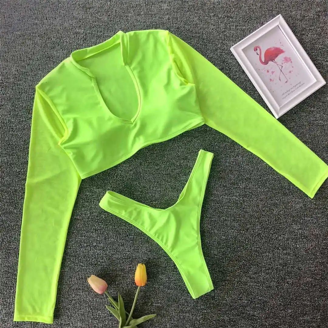Neon Green Сетчатое бикини с длинным рукавом, женская одежда для плавания, женский купальный костюм, комплект бикини из двух предметов, стринги, купальный костюм с высоким вырезом, купальник V940 - Цвет: Neon Green