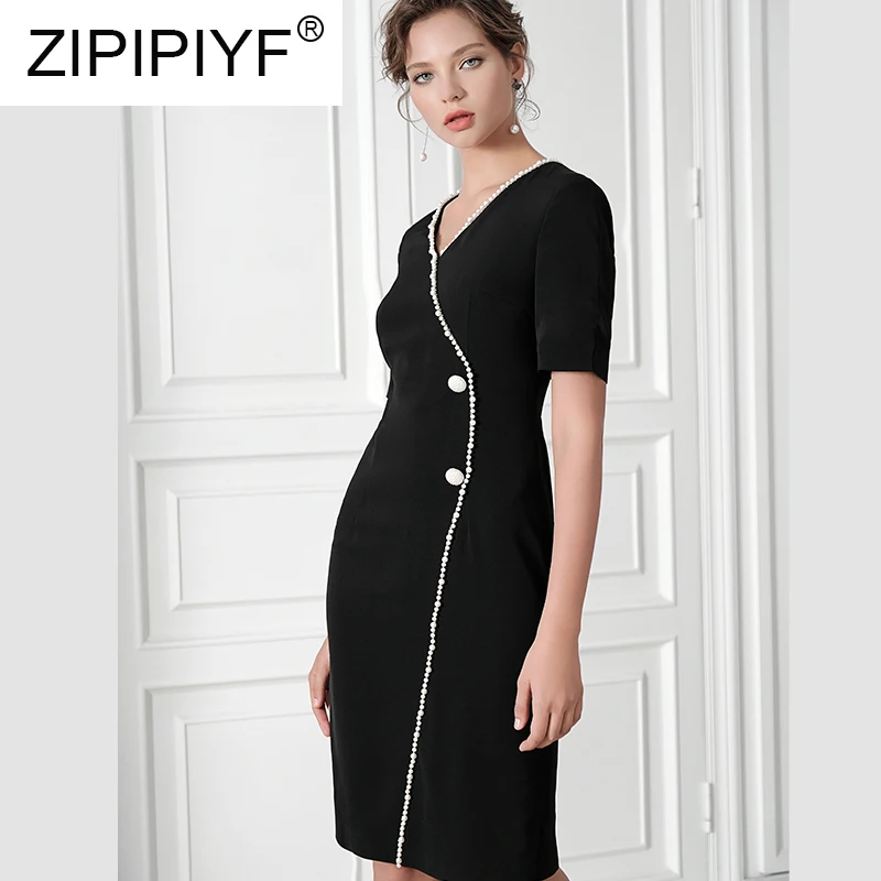 Женское приталенное платье с v-образным вырезом элегантное черное бисером C1694