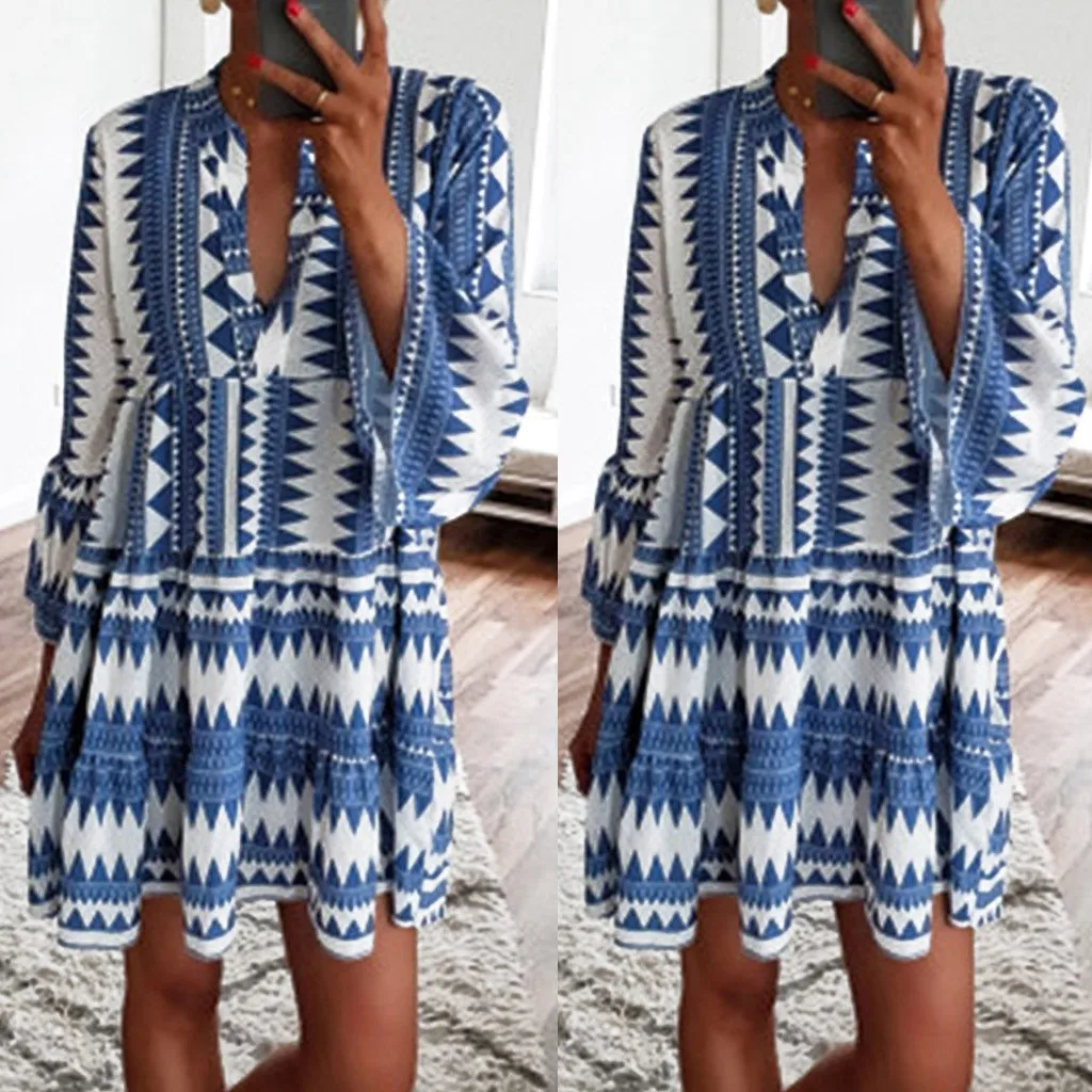 Модное женское летнее свободное платье с V образным вырезом повседневное