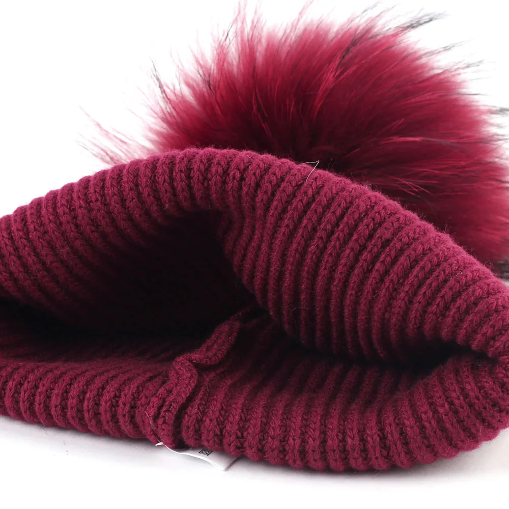 Женская вязаная шапка с помпоном из енота зимняя кашемировая свободная