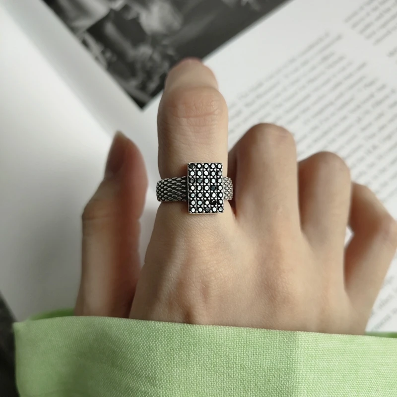 LouLeur, 925 пробы, серебряные, квадратные, черные, циркониевые кольца для женщин, винтажные, минималистичные, открытые кольца для женщин, Ретро стиль, модные, вечерние, ювелирные изделия