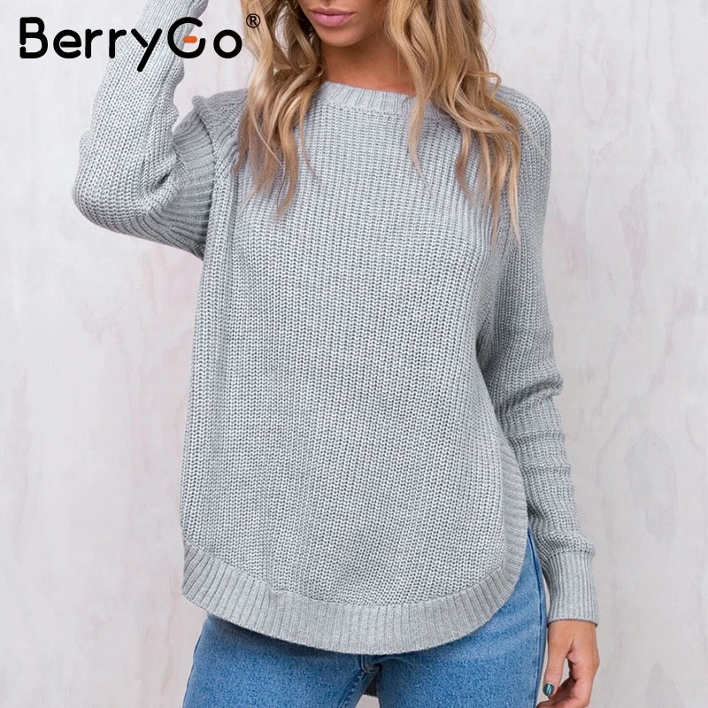 BerryGo Fashion side split knitting pullover Casual streetwear autumn winter sweater women 2018 elegant warm jumper pull femme | Женская
