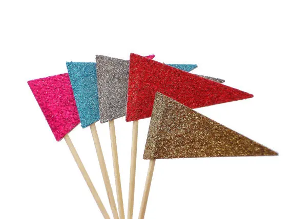 

Glittered Pennant Flags Cupcake Toppers Birthday wedding bridal shower cake topper food picks Party Bachelorette Decor