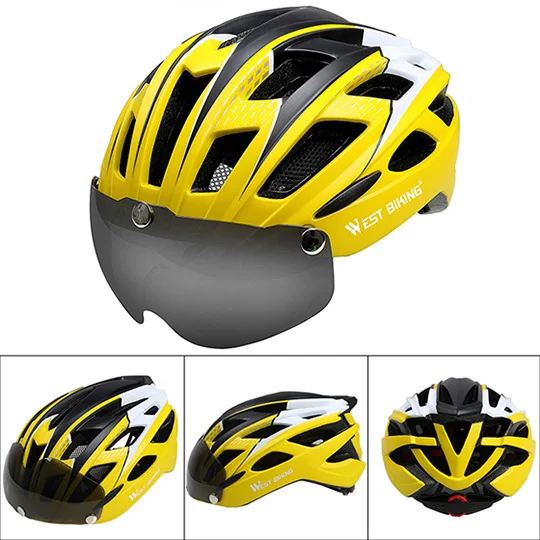 Yellow White West Biking велосипедный шлем солнцезащитные очки велосипедные очки линзы цельно формованные Мужские Женские 57~ 62 см горный шоссейный велосипедный шлем - Цвет: Yellow White