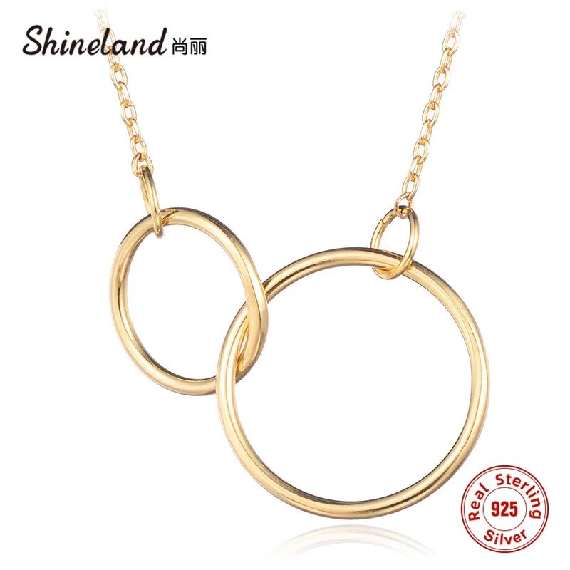 

Shineland Fashion 925 Sterling Silver Double Circle Hollow Round Pendant Necklace Chain For Women Party Jewelry
