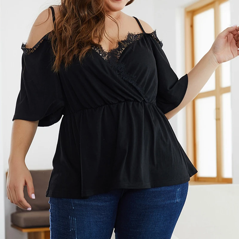 Женская кружевная блузка с открытыми плечами топ v образным вырезом и коротким