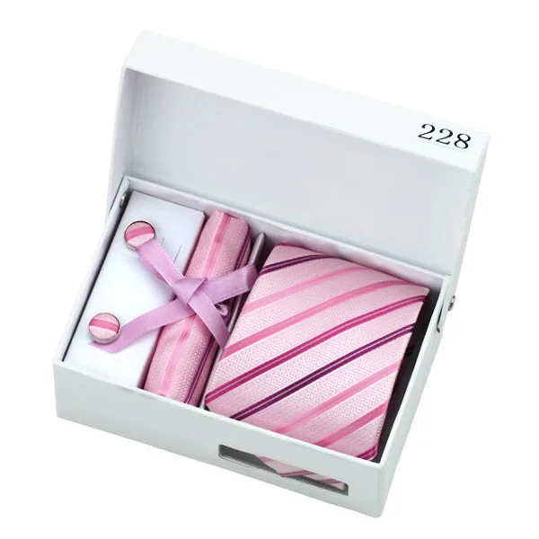 

B-228 Mens Ties Pink Stripe Silk Jacquard Necktie Hanky Cufflink Gift Box Bag Sets Ties For Men Business Wedding Party Supplies