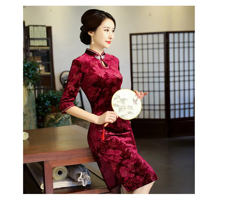 Cheongsam велюровое платье Ципао с принтом винтажные модные улучшенные Осенние Длинные платья Вечерние платья для мам и свадеб