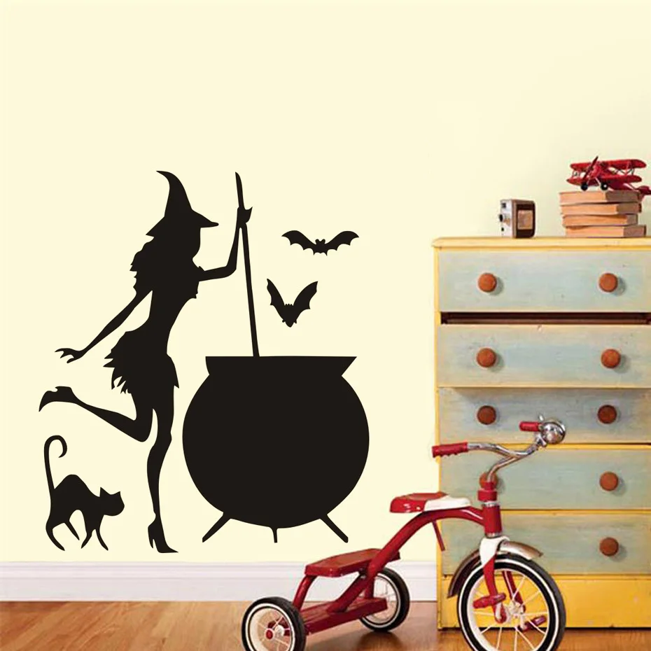 Buy Halloween Flying Bats Cat Witches Wall Stickers Living Room Window Decor Witch Silhouette Vinyl Decals Removable Art Mural on