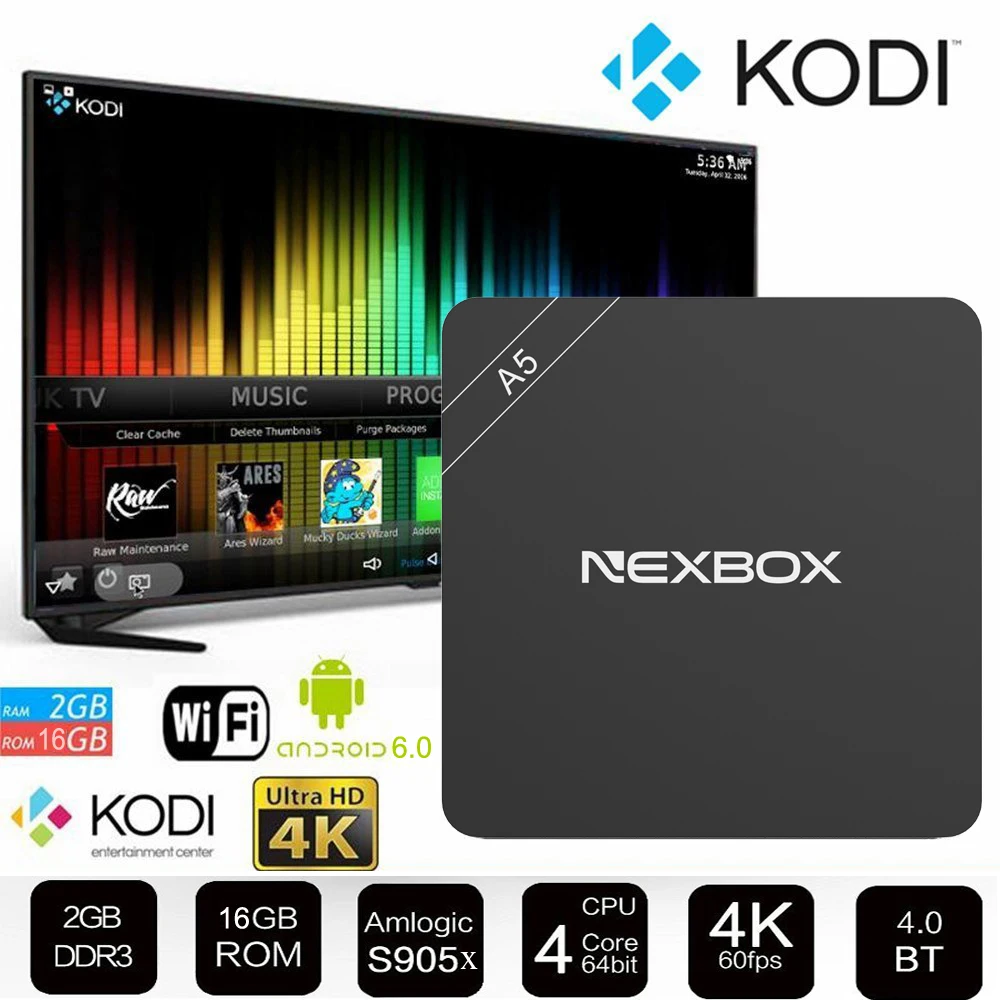 S905X NEXBOX A5 Smart Android 6.0 TV Box Amlogic Quad Core 2 ГБ/16 ГБ 4 К 2.4 Г и 5 Wi Fi Airplay Miracast Смарт Set Top