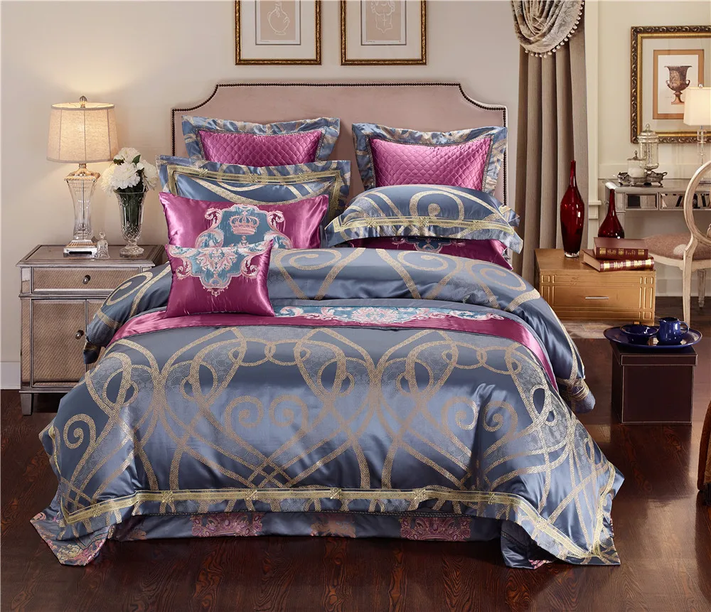

Blue Golden Luxury Silk Jacquard Royal Bedding sets Queen King size Duvet cover Egyptian Cotton Embroidered Flat Bed sheet 36