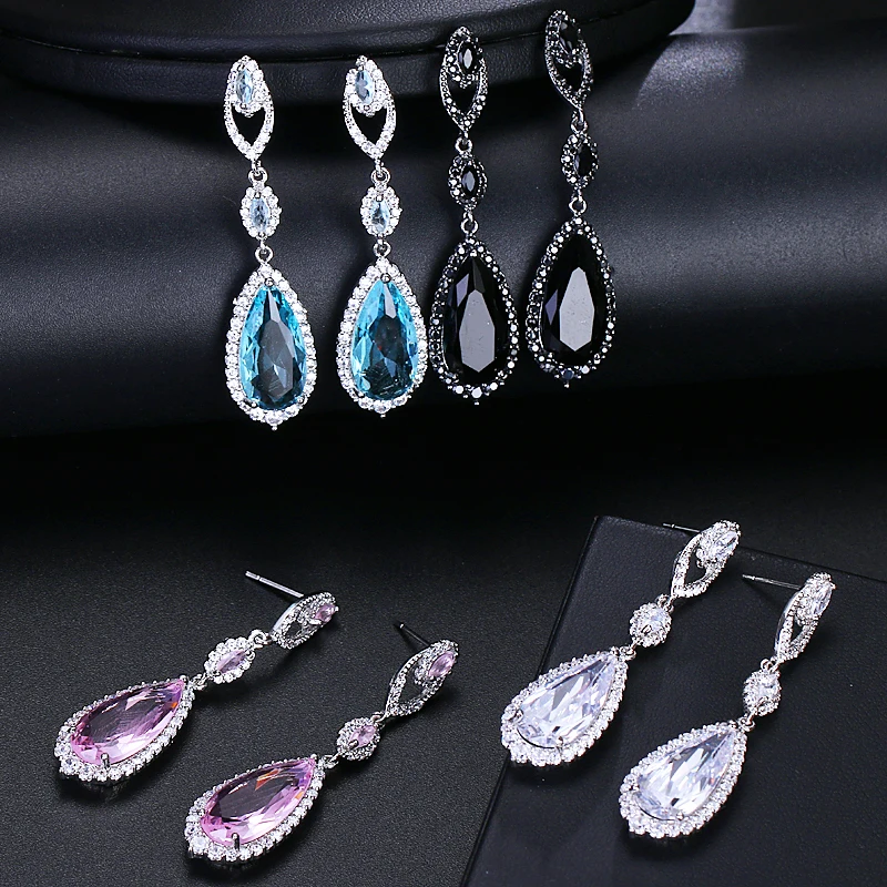 EMMAYA Luxury Bridal Four Colors Silver Vintage Allure Crystal Waterdrop Long Drop CZ Earrings For Women Wedding Jewelry Gift