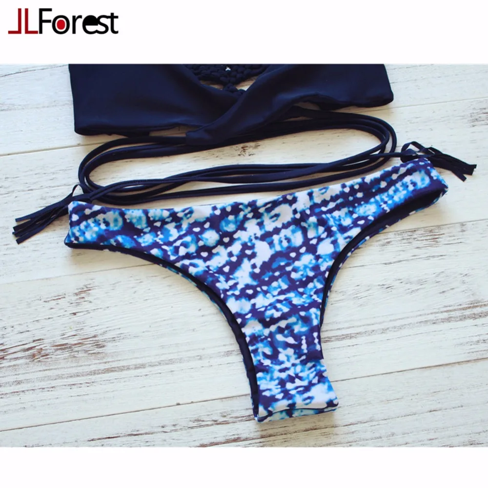JLForest Knitting Rope Tassel Bikini Navy Blue Bandage Swimwear Women Sexy Push Up Swimsuit Print Bathing Suit Brazilian biquini |
