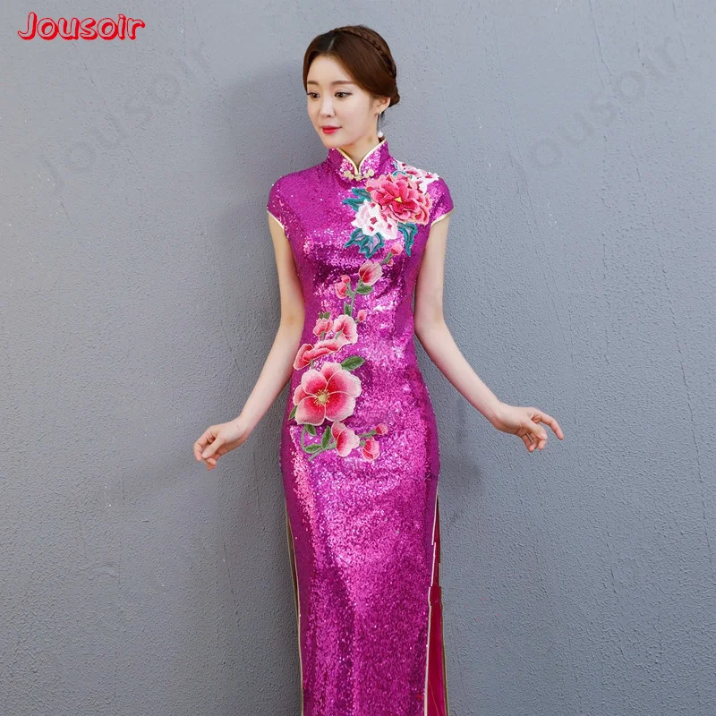 2018 Блестки Кружева Длинные изменение cheongsam производительности Подиум костюм