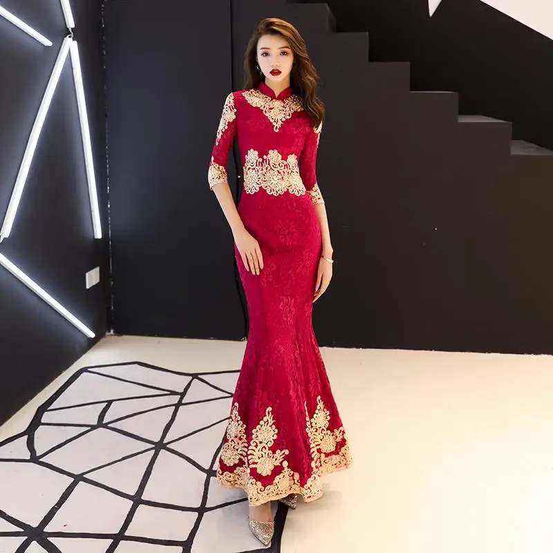 Китайский винтажный Красный в пол Cheongsam женский традиционный вышивка цветок Qipao невесты свадебное вечернее платье - Цвет: Style 15