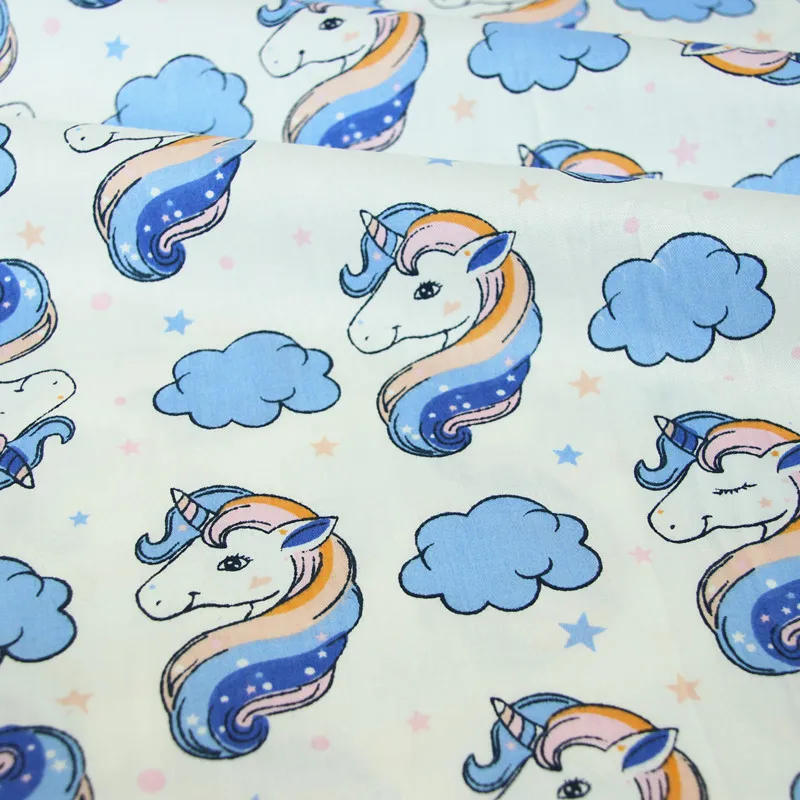 100% хлопок саржевая ткань синий аква Серый Синий Цвет единорог Облака Звезды