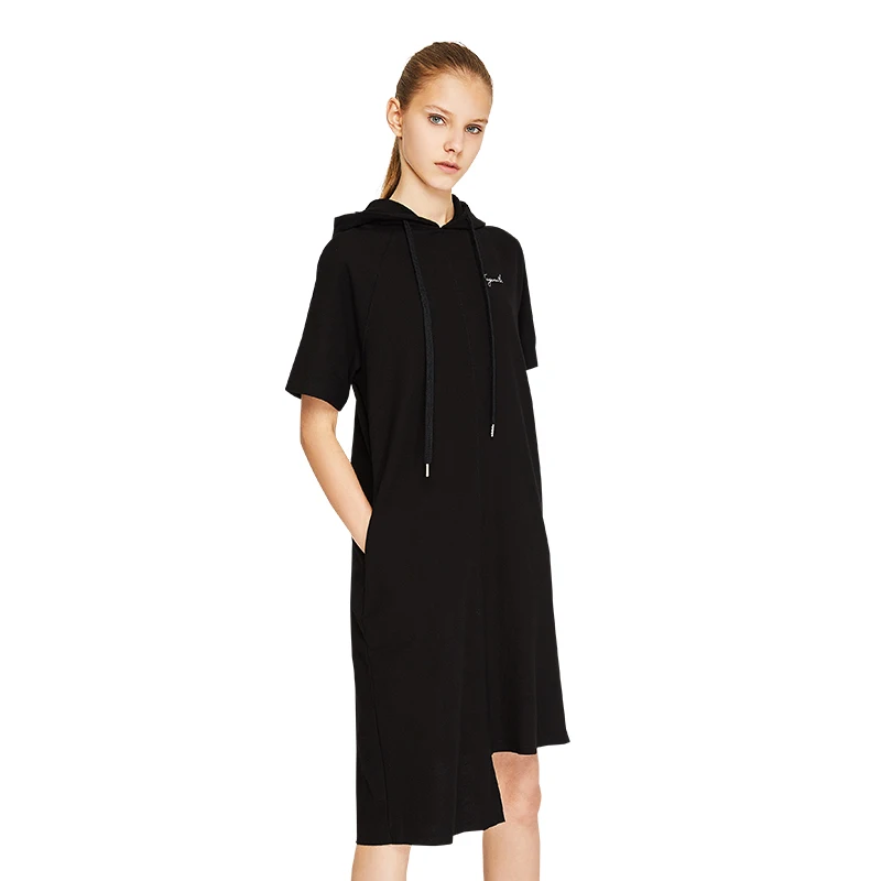 Toyouth Лето Черный Асимметричный короткий рукав с капюшоном прямо карман платье