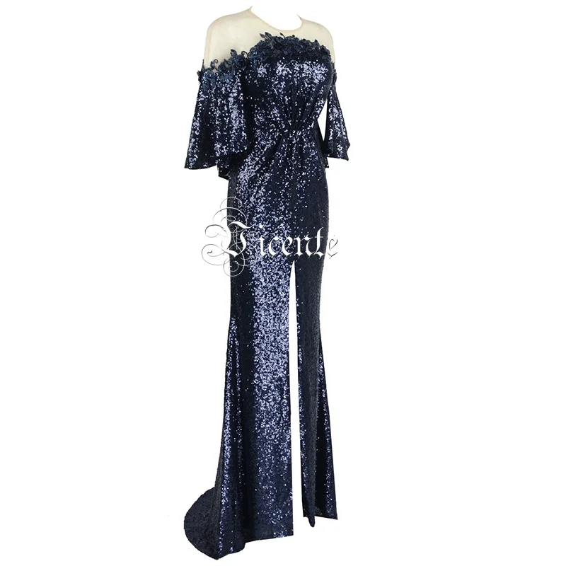 2020 New Chic Elegant Appliques Sheer Mesh Splicing Purple Sequins Design Half Sleeves O Neck Celebrity Party Long Dress | Женская