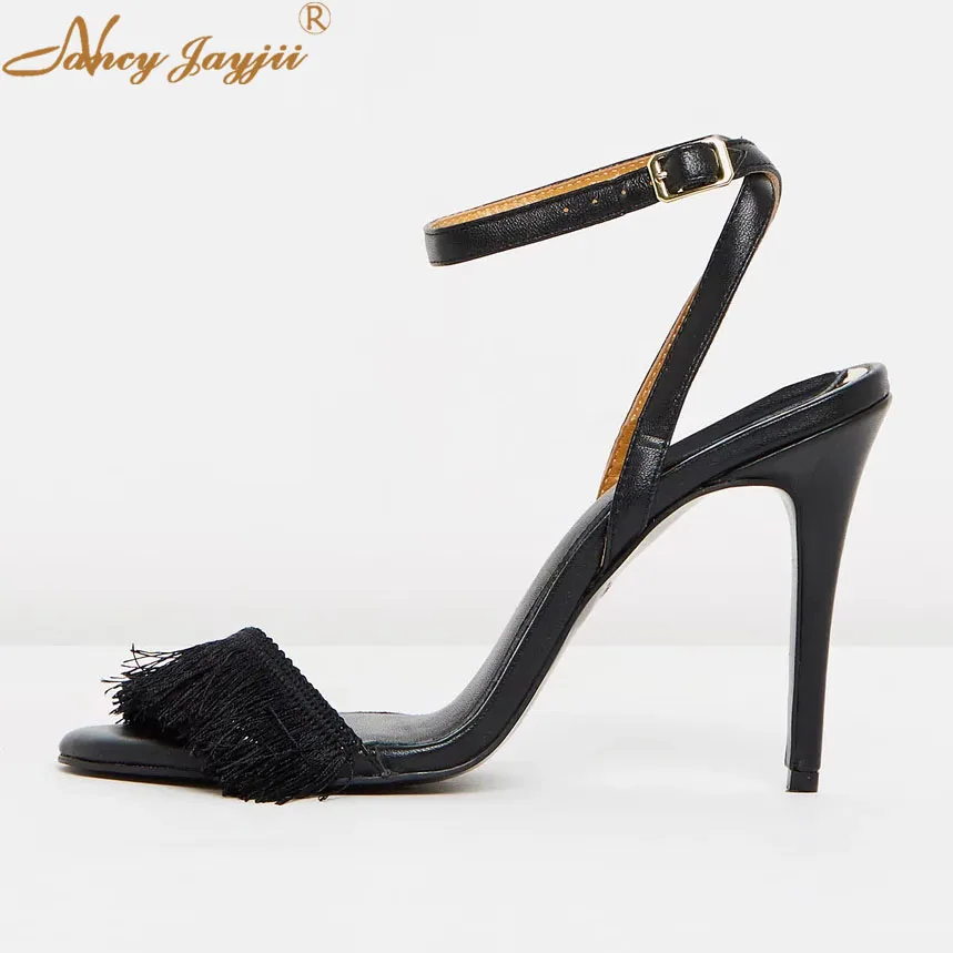 

Female Shoes Woman Ladies Sandals Black Solid Ankle-Wrap Buckle Super High thin heels Basic Mature Elegant 2019 Patent Leather