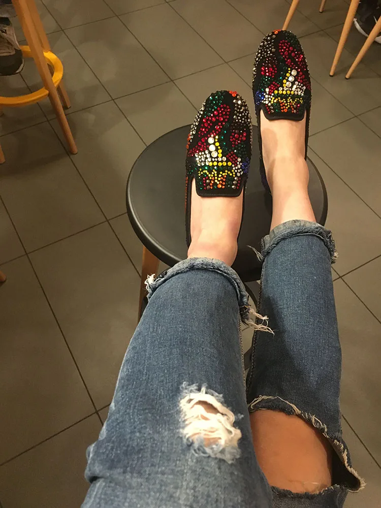 YUE JABON loafers shoes women luxury colorful crystal slip on platform casual shoes woman shinning bling solid flat heels shoes