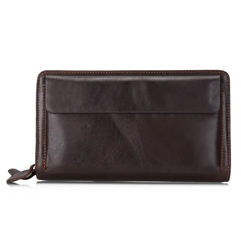 Двухслойная мужская сумка клатч из натуральной кожи на молнии винтажные Длинные