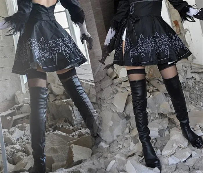 Nier Automata Cosplay Shoes YoRHa 2B Knee Length PU Leather Boots Black High Heels Lace-up A432 | Тематическая одежда и