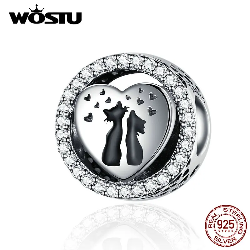 WOSTU романтические бусины для влюбленных кошек, сердец, 925 пробы, серебро, CZ, очаровательные, подходят под DIY браслет, подвеска, ювелирные изделия дружбы, FIC1188