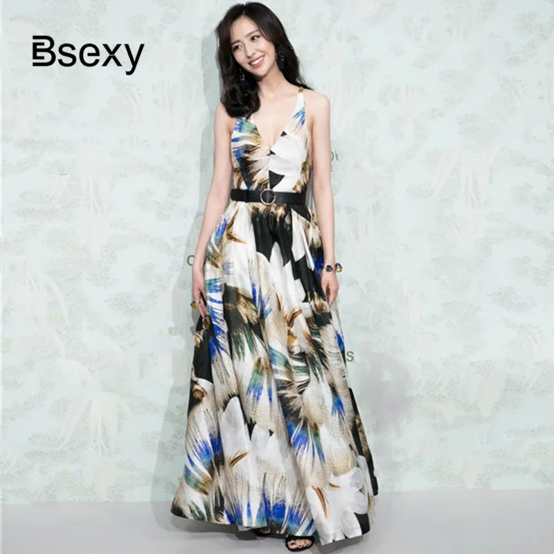 Boho Chic Women Flowery Print Sundress 2019 Sexy Deep V neck Cross Backless Long Beach Dress Spaghetti Strap Maxi HOliday | Женская