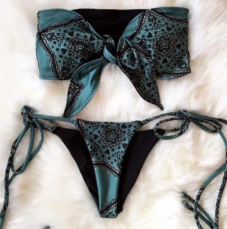 Cross Bandage Brazilian Bikini Swimwear Front Bowknot Swimsuit Summer 2018 Beach Bandeau Floral Bathing Suit Sexy Biquini Girls |