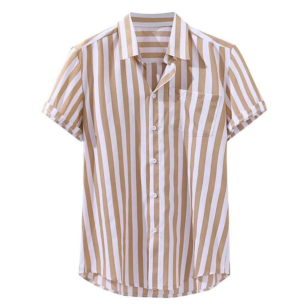 Летняя мужская рубашка chemise, свободные рубашки с короткими рукавами, полосатая Льняная блуза с принтом и карманами, Мужская гавайская рубашка, уличная рубашка camiseta - Цвет: Yellow