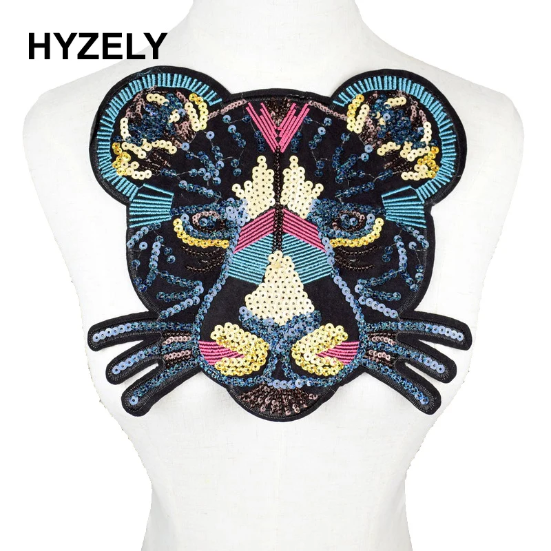 

Black leopard head Embroidery lace applique Iron On fabric sweater clothes patch sequined stickers t-shirt diy NL219