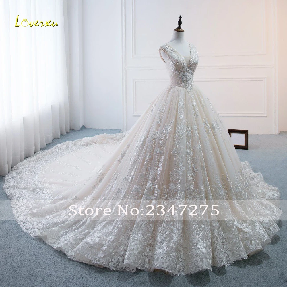 Loverxu Vestido De Noiva царский поезд Свадебные и Бальные платья Роскошные V шеи аппликации из бисера жемчугом свадебное платье принцессы