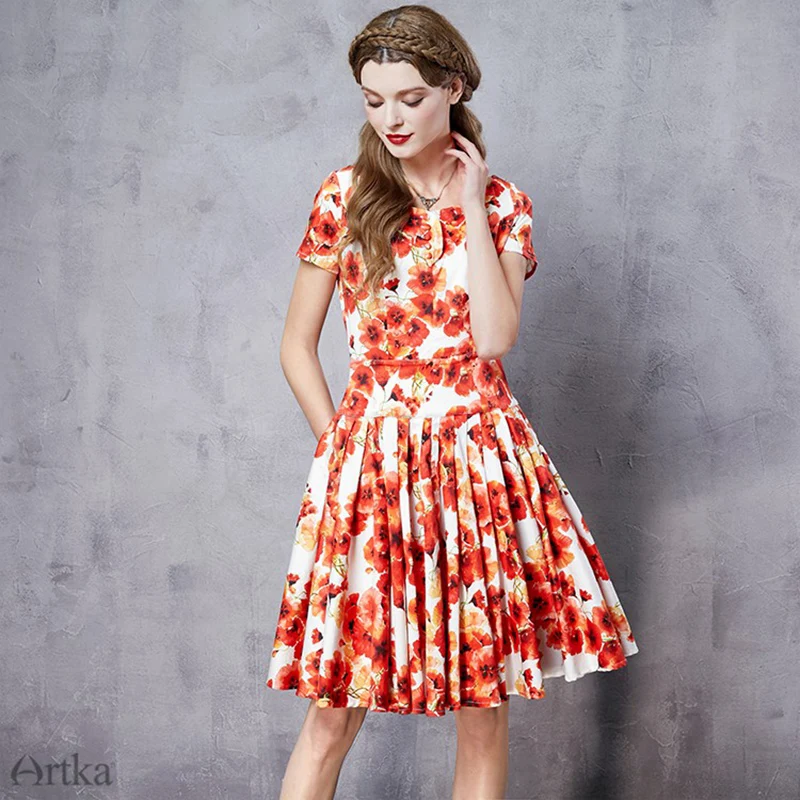 ARTKA Summer Women Floral Print Dresses O-Neck Short Sleeve Dress A-line Pleated LA10067C Женская одежда