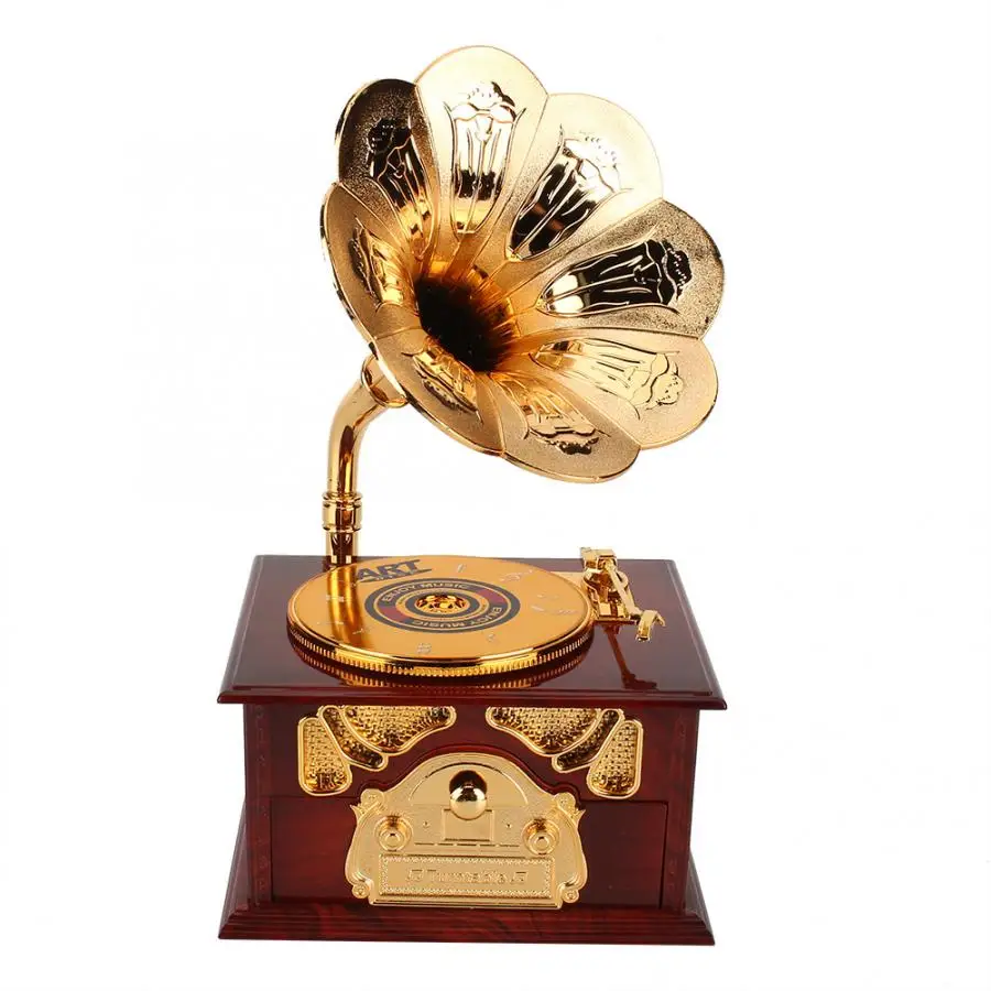 Antique Wooden Music Box Metal Phonograph Hand Crank Music Boxes Classic Music Box Decor Christmas Birthday Gift