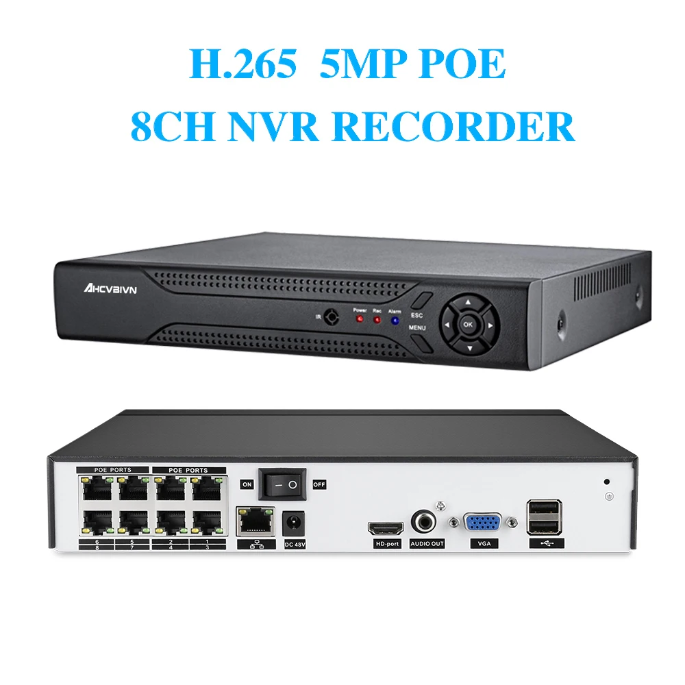 H.265 8CH 4CH 48 V POE NVR до 8CH 5MP/1080 P аудио выход наблюдения безопасный видеорегистратор для POE камеры обнаружения движения ONVIF